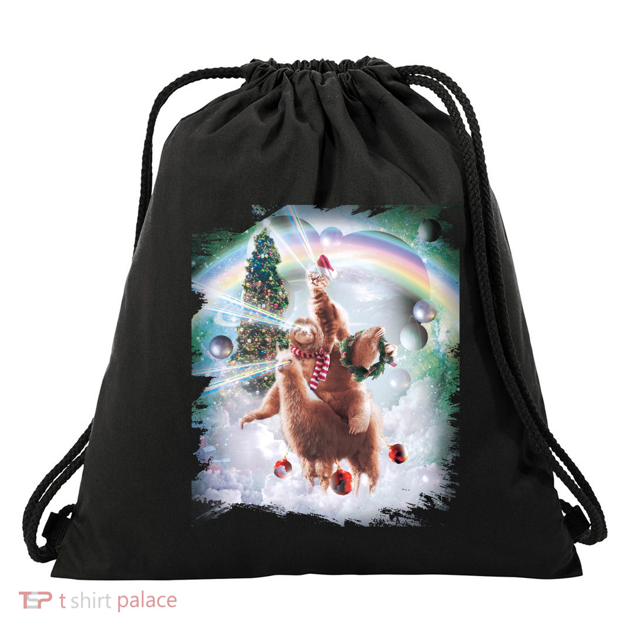 Christmas Laser Eyes Space Cat Riding Sloth Lama Xmas Gift Drawstring Bag