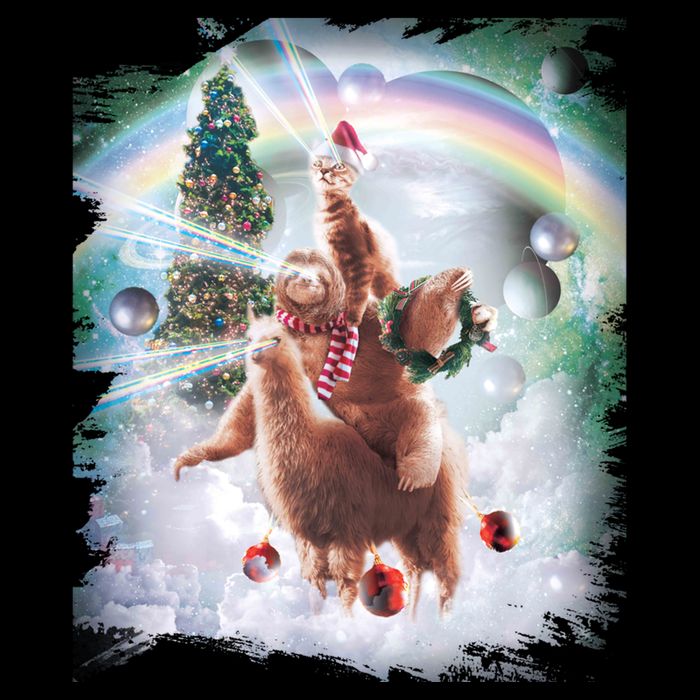 Christmas Laser Eyes Space Cat Riding Sloth Lama Xmas Gift Drawstring Bag