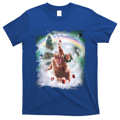 Christmas Laser Eyes Space Cat Riding Sloth Lama Xmas Gift T-Shirt