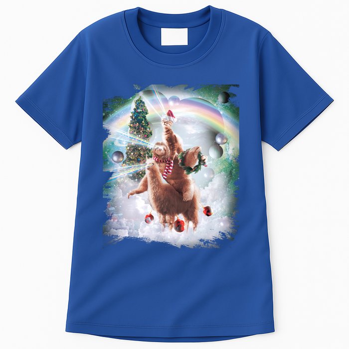 Christmas Laser Eyes Space Cat Riding Sloth Lama Xmas Gift Tall T-Shirt