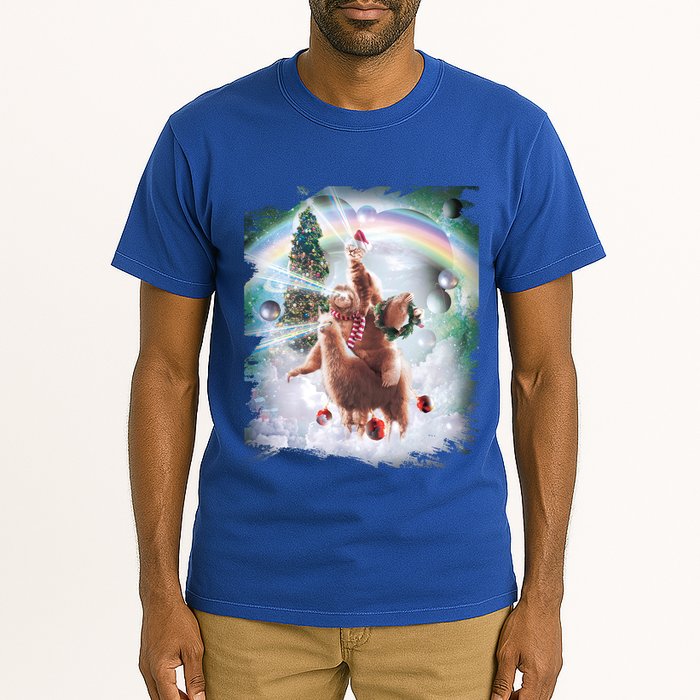 Christmas Laser Eyes Space Cat Riding Sloth Lama Xmas Gift Tall T-Shirt