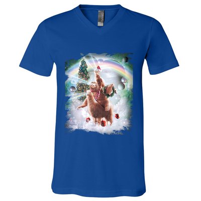 Christmas Laser Eyes Space Cat Riding Sloth Lama Xmas Gift V-Neck T-Shirt