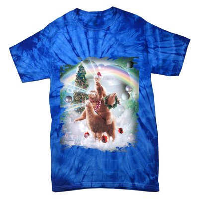 Christmas Laser Eyes Space Cat Riding Sloth Lama Xmas Gift Tie-Dye T-Shirt
