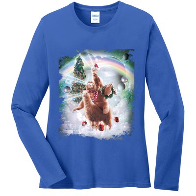 Christmas Laser Eyes Space Cat Riding Sloth Lama Xmas Gift Ladies Long Sleeve Shirt