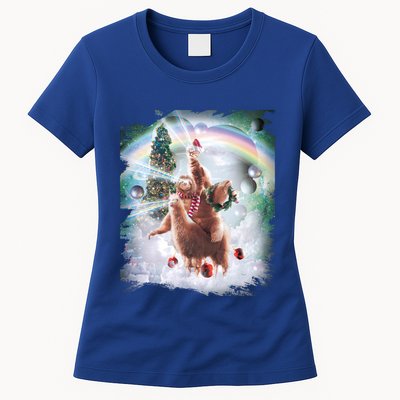 Christmas Laser Eyes Space Cat Riding Sloth Lama Xmas Gift Womens T-Shirt