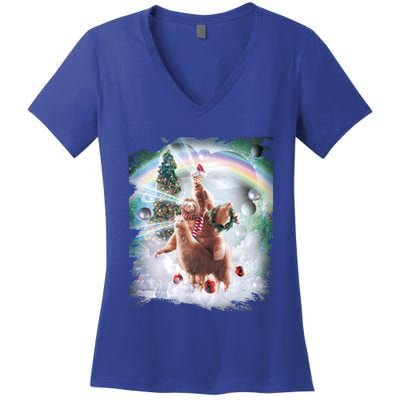 Christmas Laser Eyes Space Cat Riding Sloth Lama Xmas Gift Women's V-Neck T-Shirt