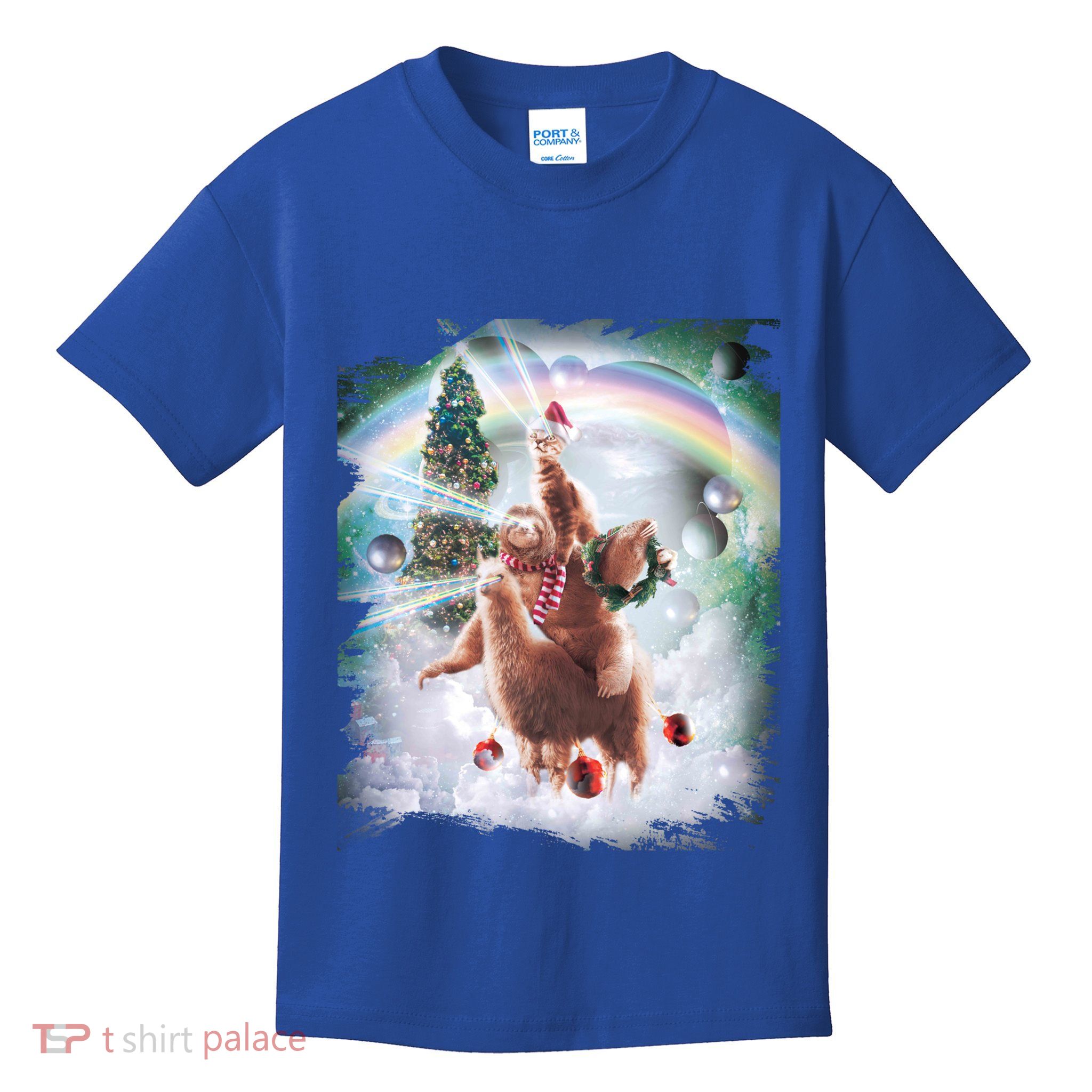 Christmas Laser Eyes Space Cat Riding Sloth Lama Xmas Gift Kids T-Shirt