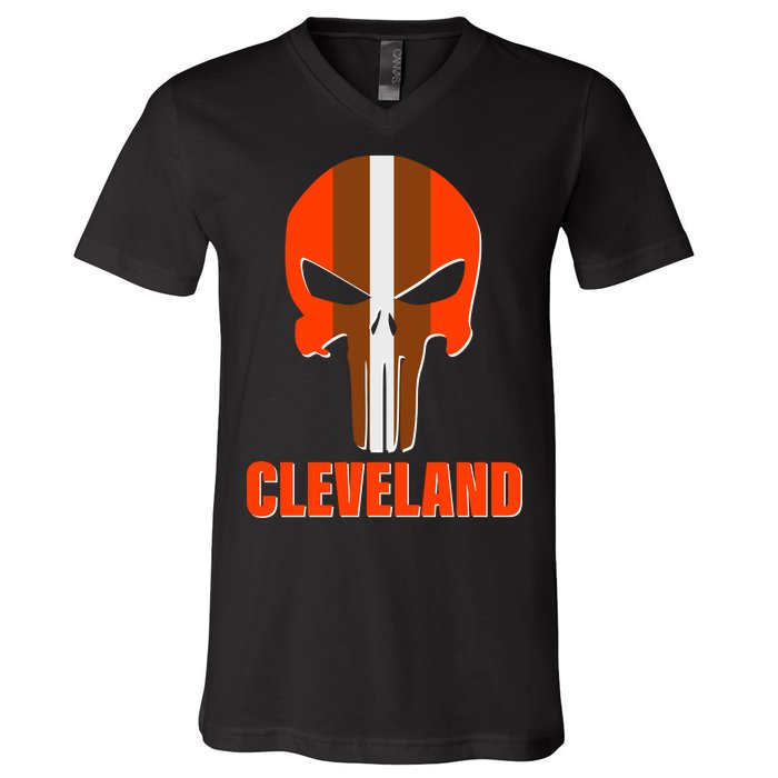 Cleveland Skull Football V-Neck T-Shirt