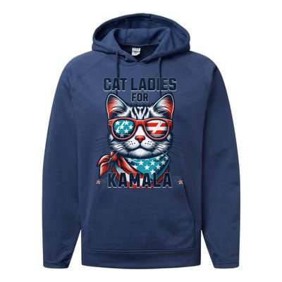 Cat Ladies For Kamala Funny Cat 2024 President 2024 Election Kamalaharris Performance Fleece Hoodie