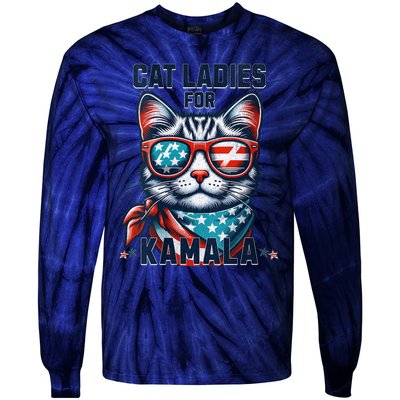 Cat Ladies For Kamala Funny Cat 2024 President 2024 Election Kamalaharris Tie-Dye Long Sleeve Shirt