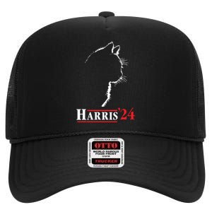 Cat Ladies For Kamala Funny Cat 2024 President Kamalaharris High Crown Mesh Back Trucker Hat