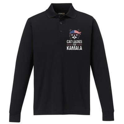 Cat Ladies For Kamala Funny Cat 2024 President Kamala Harris Performance Long Sleeve Polo