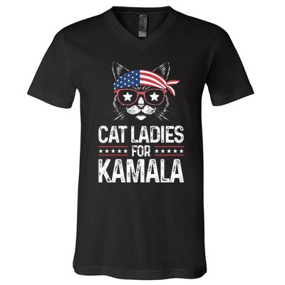 Cat Ladies For Kamala Funny Cat 2024 President Kamala Harris V-Neck T-Shirt