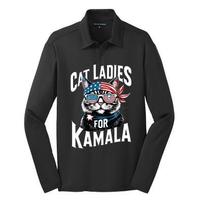 Cat Ladies For Kamala 2024 President Kamalaharris Silk Touch Performance Long Sleeve Polo