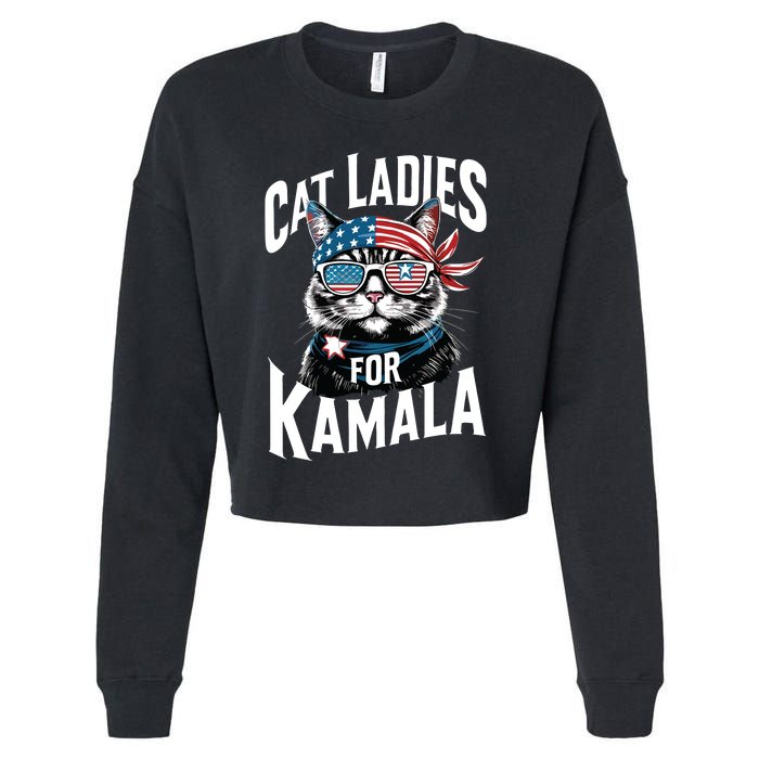 Cat Ladies For Kamala 2024 President Kamalaharris Cropped Pullover Crew