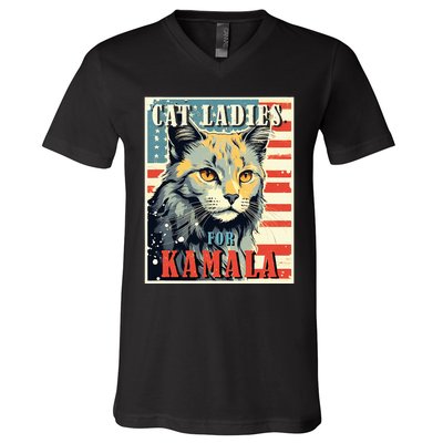 Cat Ladies For Kamala Funny Cat 2024 President Kamalaharris V-Neck T-Shirt