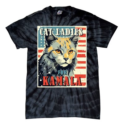 Cat Ladies For Kamala Funny Cat 2024 President Kamalaharris Tie-Dye T-Shirt