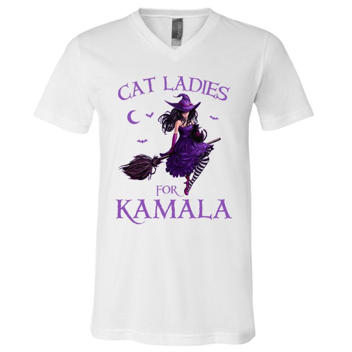 Cat Ladies For Kamala Harris 2024 Witches Harris Halloween V-Neck T-Shirt