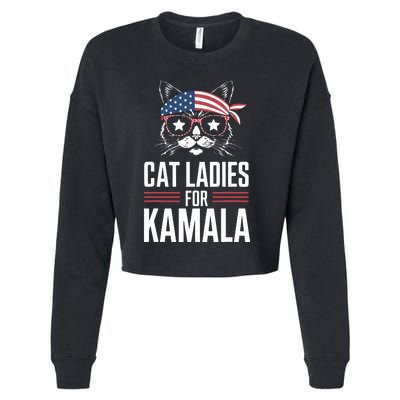 Cat Ladies For Kamala Funny Cat 2024 President Kamalaharris Cropped Pullover Crew