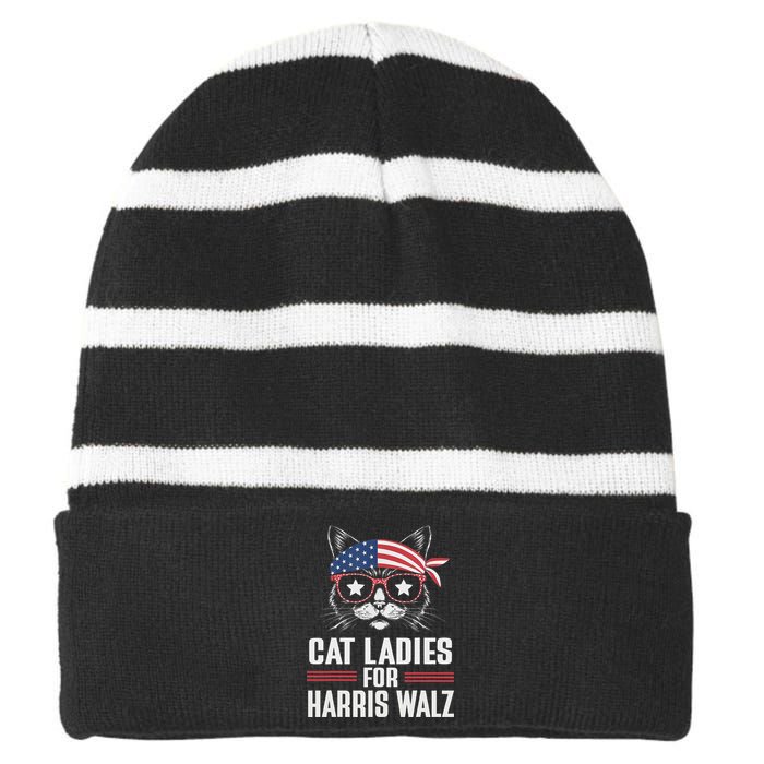 Cat Ladies For Harris Waltz Cat 2024 President Harris Waltz Striped Beanie with Solid Band