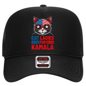 Cat Ladies For Kamala Funny Cat 2024 President Kamala Harris Premium High Crown Mesh Back Trucker Hat