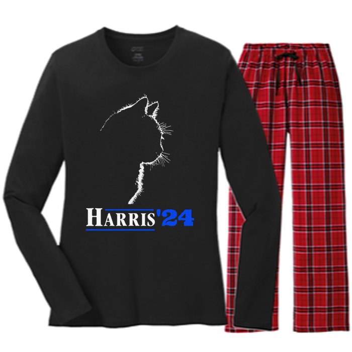 Cat Ladies For Kamala Funny Cat 2024 President Kamala Harris Women's Long Sleeve Flannel Pajama Set 