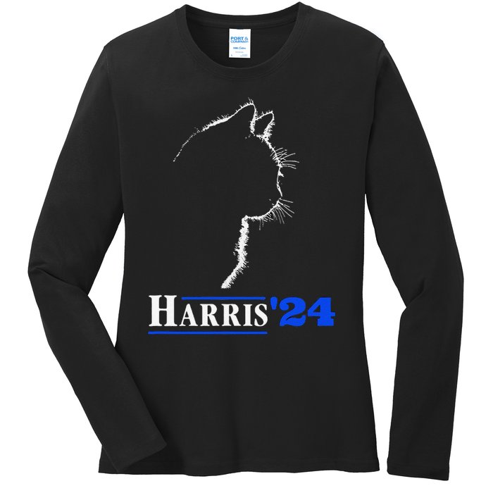 Cat Ladies For Kamala Funny Cat 2024 President Kamala Harris Ladies Long Sleeve Shirt