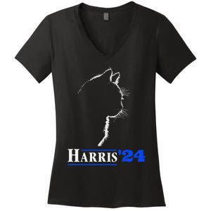 Cat Ladies For Kamala Funny Cat 2024 President Kamala Harris Women's V-Neck T-Shirt