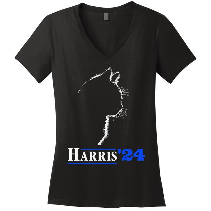 Cat Ladies For Kamala Funny Cat 2024 President Kamala Harris Women's V-Neck T-Shirt