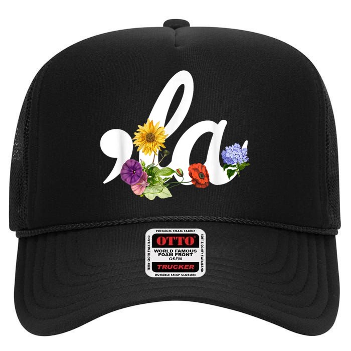 Comma La Floral Kamala Harris President 2024 Coma La Flowers High Crown Mesh Back Trucker Hat