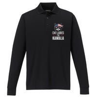 Cat Ladies For Kamala Funny Cat 2024 President Kamala Harris Performance Long Sleeve Polo