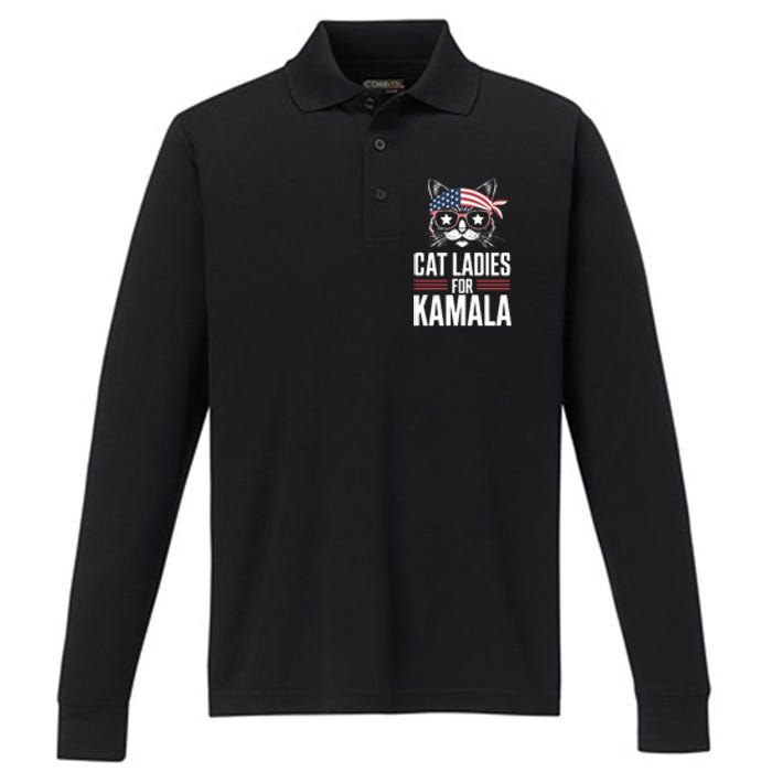 Cat Ladies For Kamala Funny Cat 2024 President Kamala Harris Performance Long Sleeve Polo