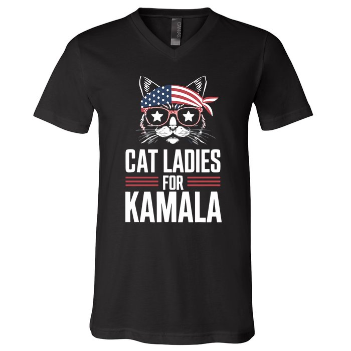 Cat Ladies For Kamala Funny Cat 2024 President Kamala Harris V-Neck T-Shirt