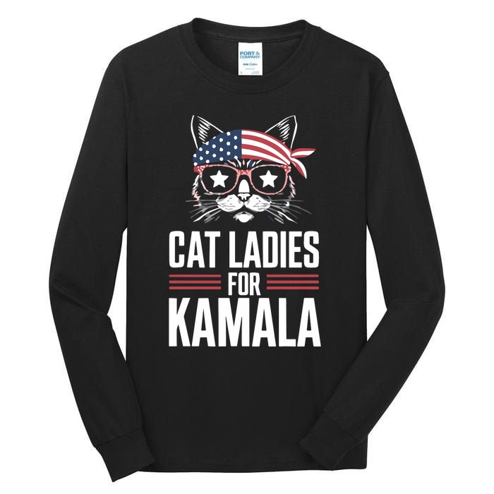 Cat Ladies For Kamala Funny Cat 2024 President Kamala Harris Tall Long Sleeve T-Shirt