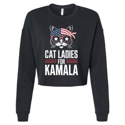 Cat Ladies For Kamala Funny Cat 2024 President Kamala Harris Cropped Pullover Crew