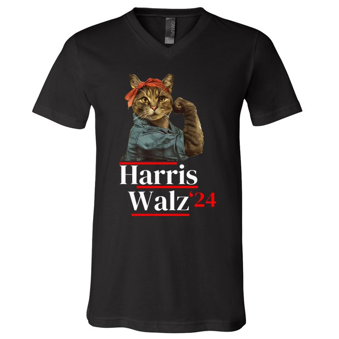 Cat Ladies For Kamala Walz Funny Cat 2024 President V-Neck T-Shirt