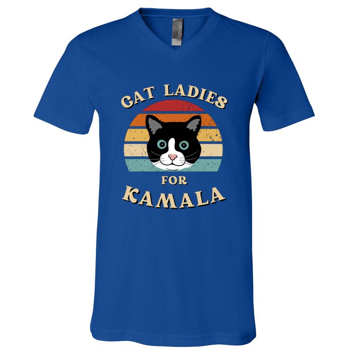 Cat Ladies For Kamala Cat Retro Cool V-Neck T-Shirt