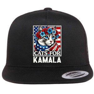 Cat Ladies For Kamala Funny Cat 2024 President Kamalaharris Flat Bill Trucker Hat