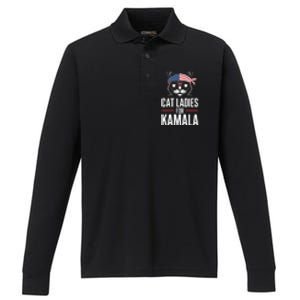 Cat Ladies For Kamala Funny Cat 2024 President Kamalaharris Performance Long Sleeve Polo