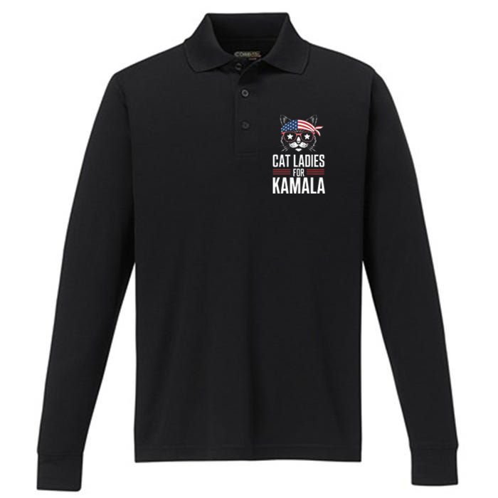 Cat Ladies For Kamala Funny Cat 2024 President Kamalaharris Performance Long Sleeve Polo