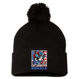 Cat Ladies For Kamala Funny Cat 2024 President Kamalaharris Pom Pom 12in Knit Beanie