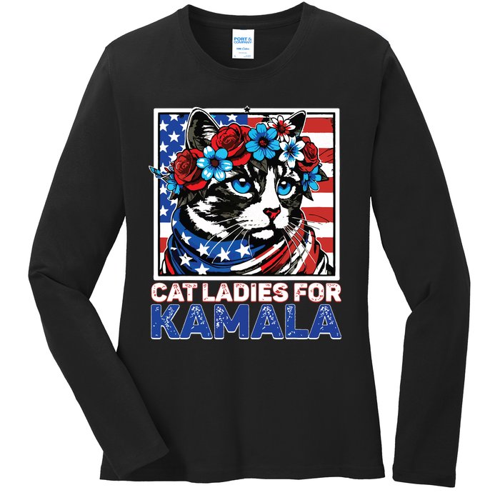 Cat Ladies For Kamala Funny Cat 2024 President Kamalaharris Ladies Long Sleeve Shirt