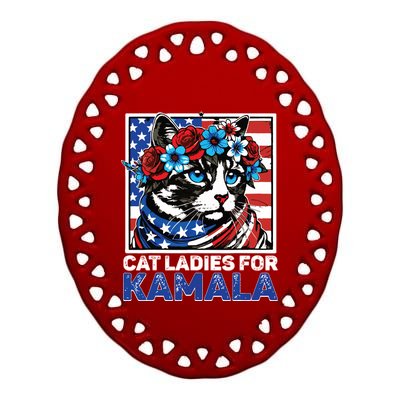 Cat Ladies For Kamala Funny Cat 2024 President Kamalaharris Ceramic Oval Ornament