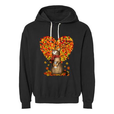 Cat Leaf Fall Hello Autumn Cat Kitten Lover Thanksgiving Garment-Dyed Fleece Hoodie