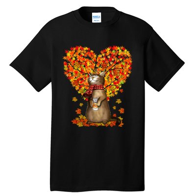 Cat Leaf Fall Hello Autumn Cat Kitten Lover Thanksgiving Tall T-Shirt