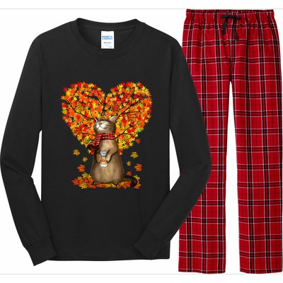 Cat Leaf Fall Hello Autumn Cat Kitten Lover Thanksgiving Long Sleeve Pajama Set