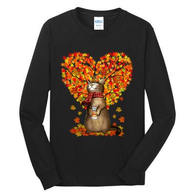 Cat Leaf Fall Hello Autumn Cat Kitten Lover Thanksgiving Tall Long Sleeve T-Shirt