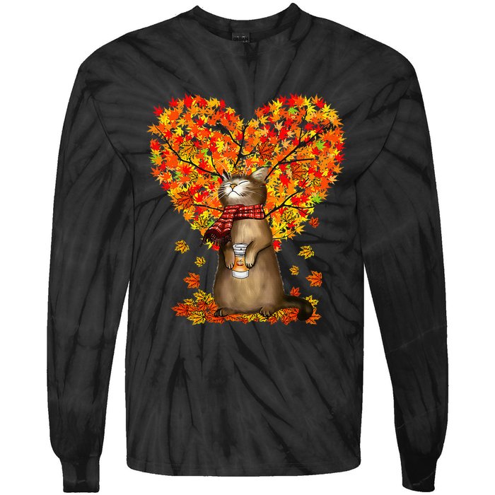 Cat Leaf Fall Hello Autumn Cat Kitten Lover Thanksgiving Tie-Dye Long Sleeve Shirt