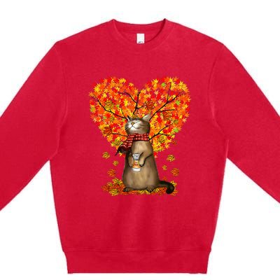 Cat Leaf Fall Hello Autumn Cat Kitten Lover Thanksgiving Premium Crewneck Sweatshirt