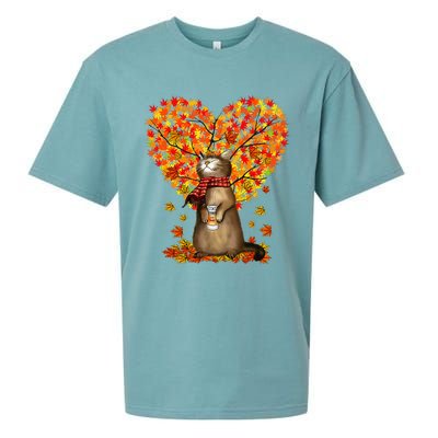 Cat Leaf Fall Hello Autumn Cat Kitten Lover Thanksgiving Sueded Cloud Jersey T-Shirt